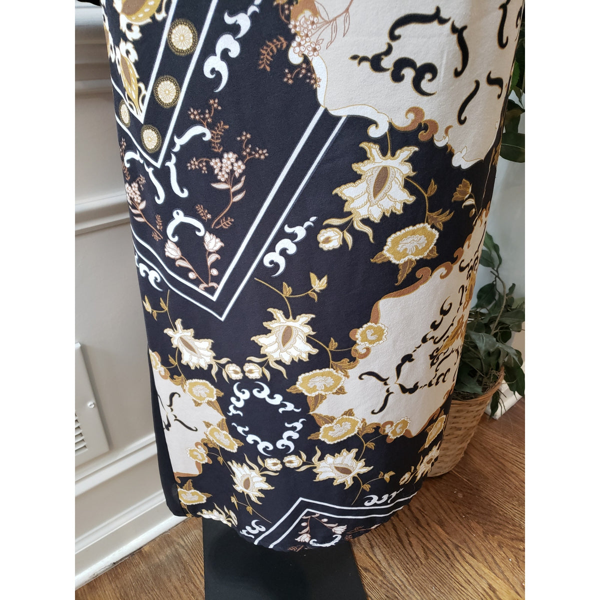 Moosta Midi Dress Women Size 2X Black Beige Baroque Print Long Sleeve Boho