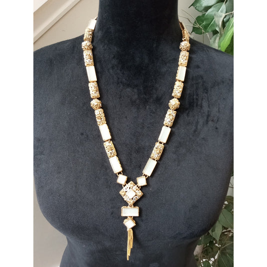 Vintage Gold Tone White Lucite Bead Tassel Pendant Statement Necklace Boho Chic