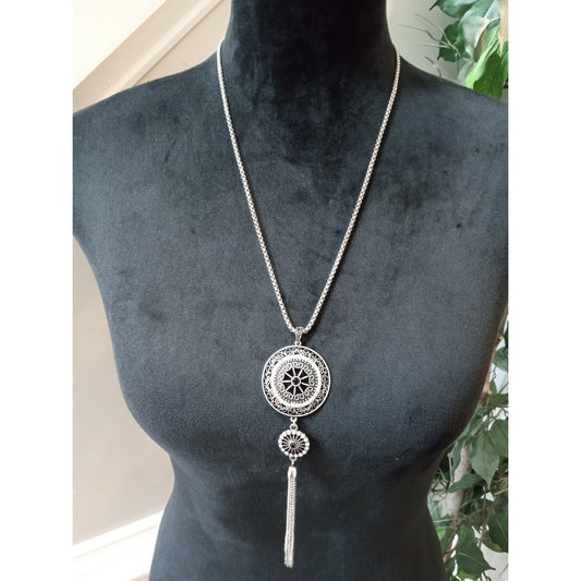Silver Tone Filigree Medallion Pendant Necklace Long Chain Tassel Boho Statement