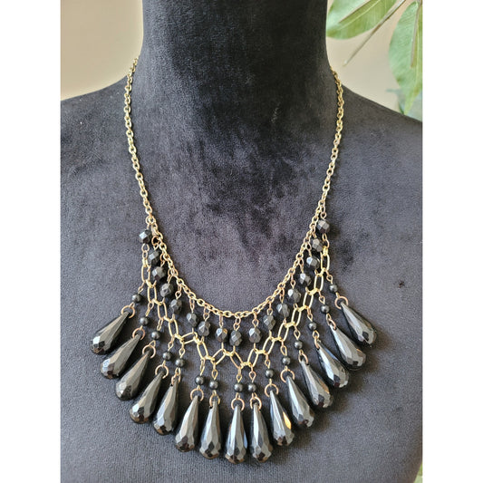 Women's Black Teardrop Beaded Statement Necklace With Lobster Clasp Chain