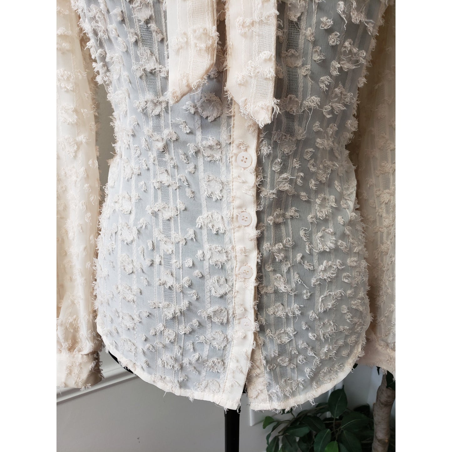 Listicle Button Down Shirt Womens Medium Beige Lace Sheer Tie Neck Long Sleeve