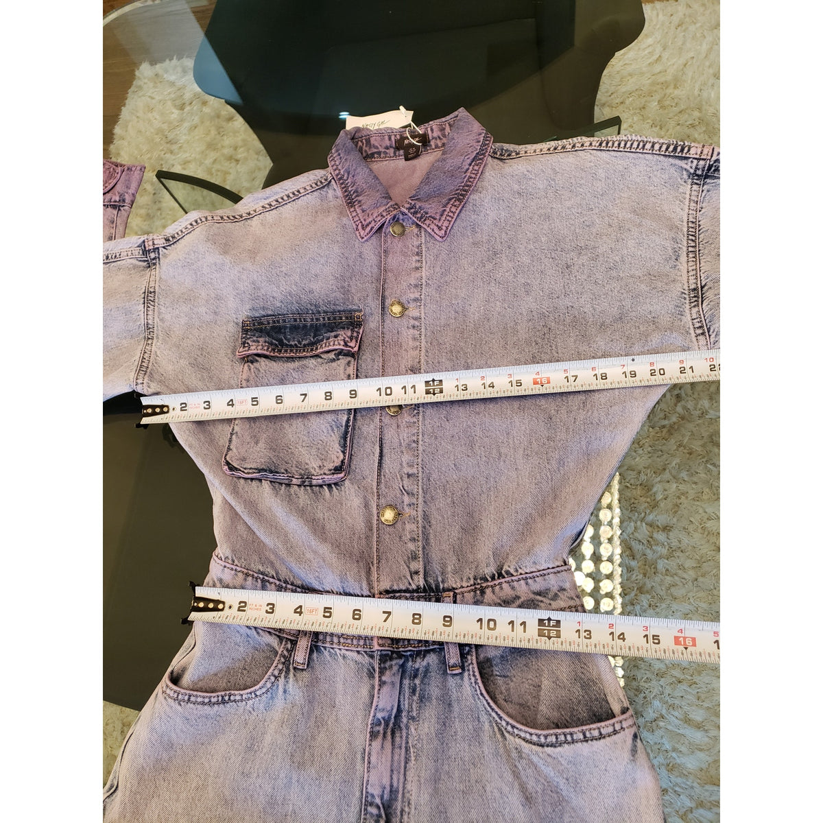 Nasty Gal Jumpsuit Womens Size 6 Blue Denim Pocket Detail Acid Wash Button Front