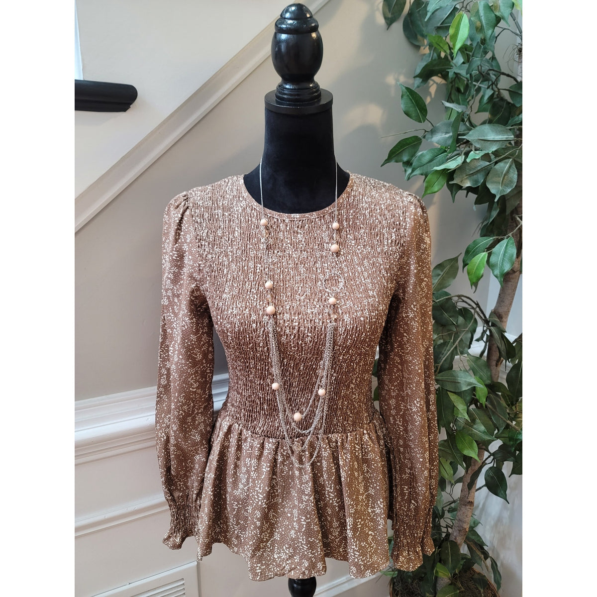 Fashion Peplum Blouse S Brown Floral Polka Dot Shirred Bodice Crew Smocked Party