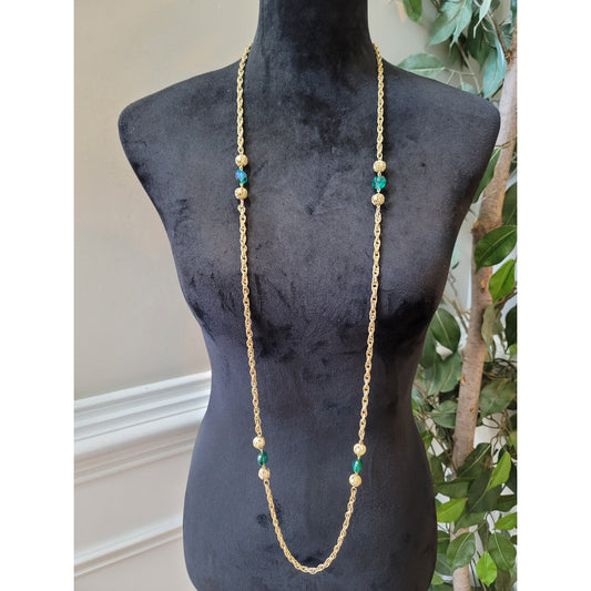Women's Long Gold Chain Necklace With Green Beads And Spring Ring Lock