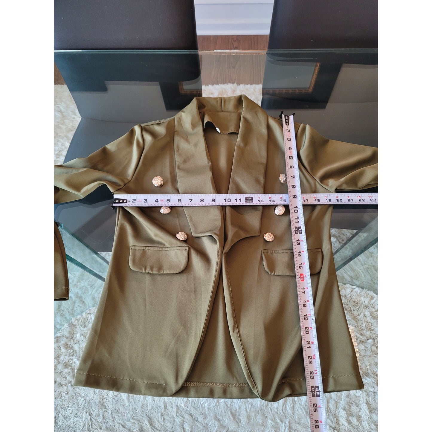 Women's 2 Piece Suit Size L Green Solid Long Sleeve Double Breasted Open Front