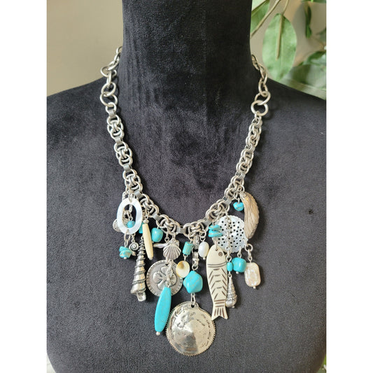 Chico's Women's Silver Tone Charm Necklace With Toggle Lock Fish Shell Beads