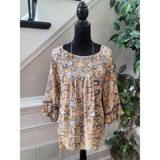 New Directions Blouse 1X Multi Paisley Smocked Scoop Curved Long Sleeve Pullover