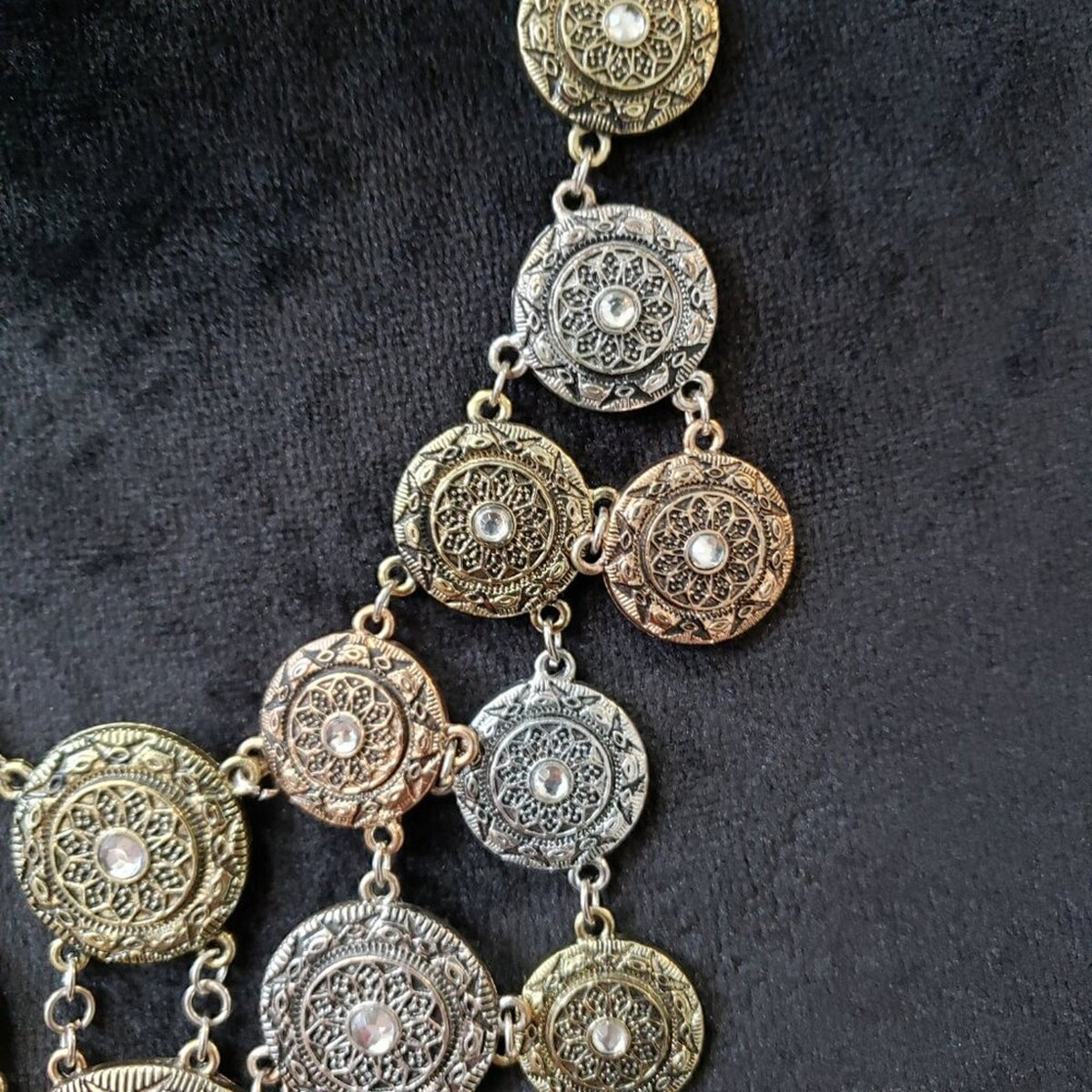 Womens Silver Gold Medallion Pendant Rhinestone Copper Tone Bib Necklace