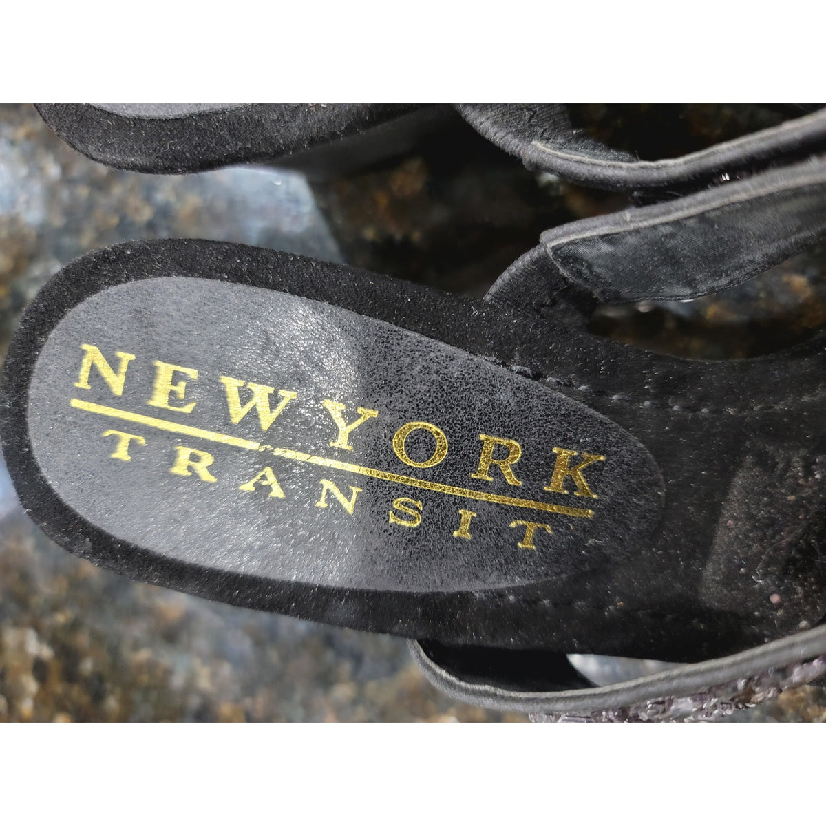 New York Transit Bling Wedge Sandals Womens Size 8M Black Crystal Stone Slip On