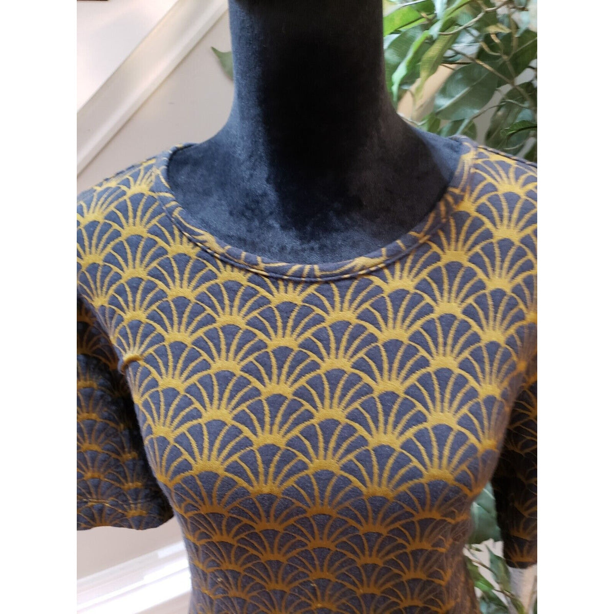 LOFT Women Navy Brown Geometric Short Sleeve Knee Length Shift Dress Size L