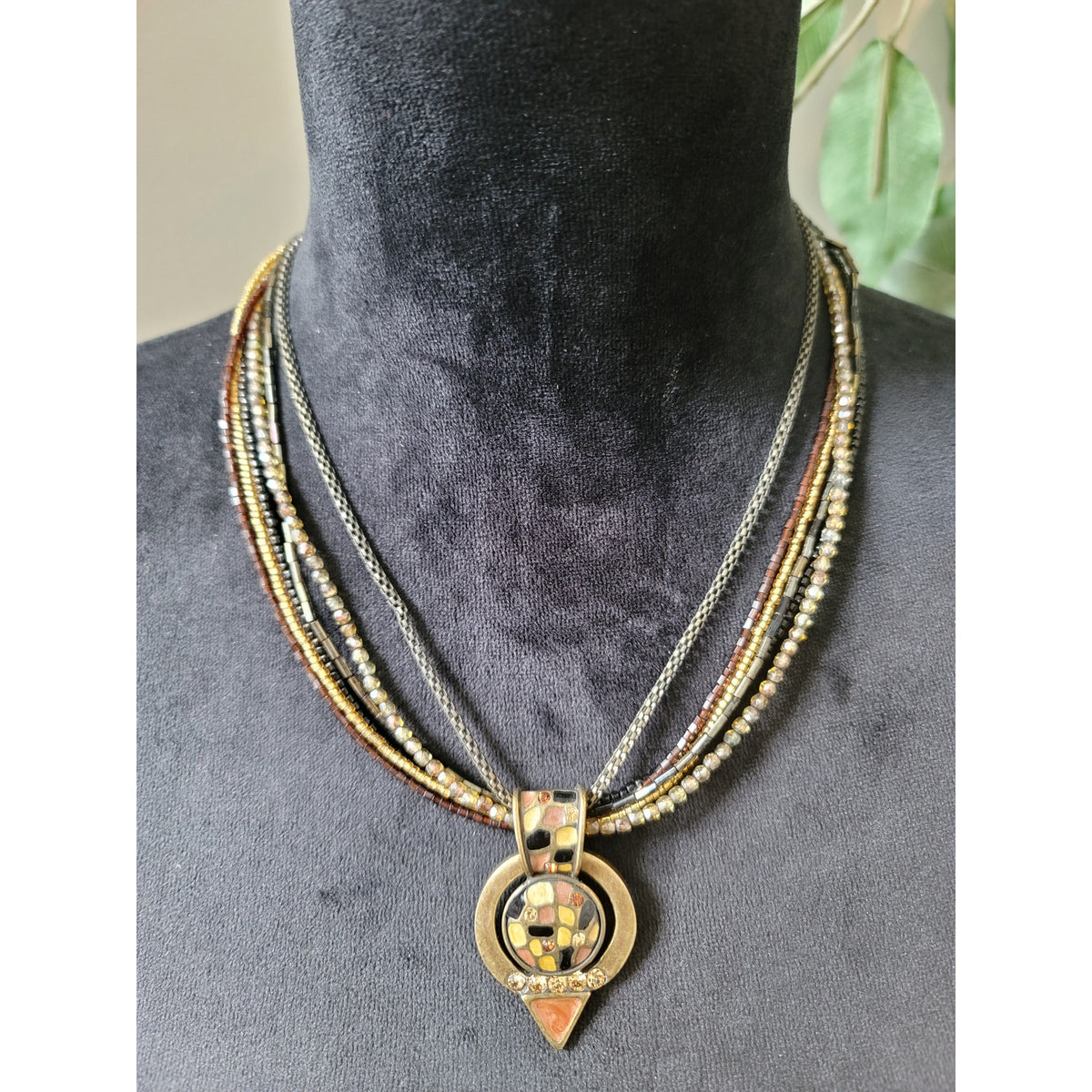 Chico's Multi Strand Beaded Necklace With Geometric Pendant Lobster Clasp Jewelry