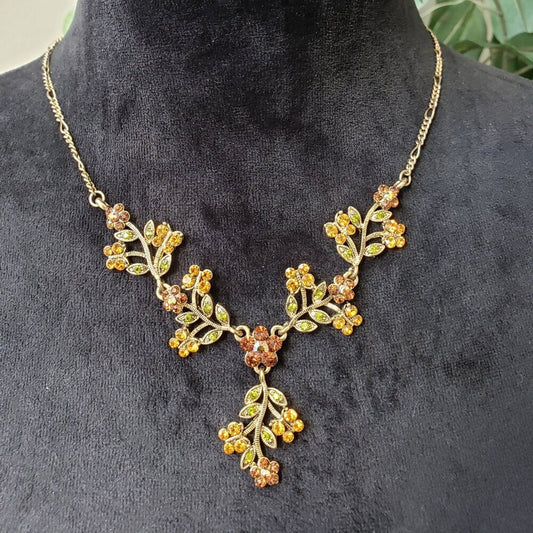 Vintage Yellow & Brown Crystal Leaf Flower Pendant Necklace with Lobster Clasp