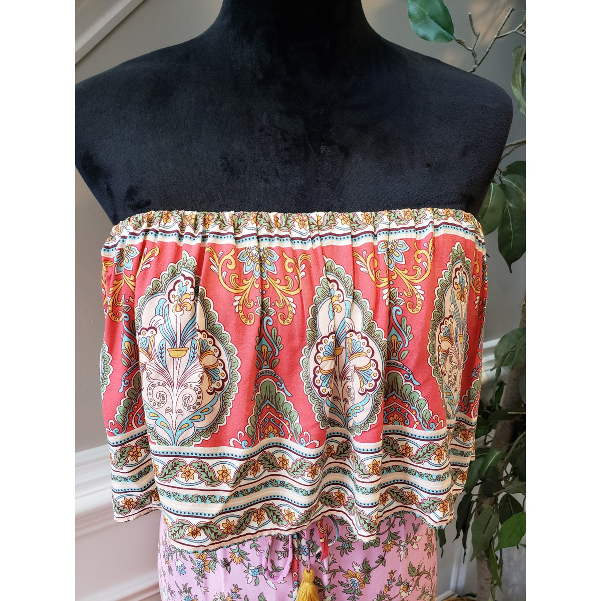 Aakaa Boho Strapless Dress Women’s Size M Pink Floral Paisley Rayon Festival