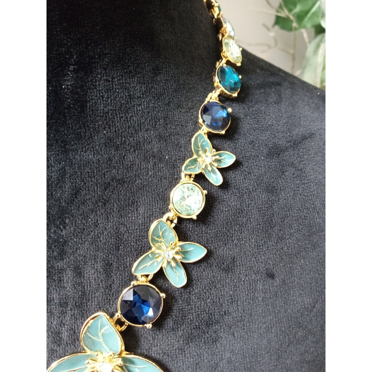 Blue Enamel Flower Rhinestone Statement Necklace Gold Tone Floral Bib Wedding
