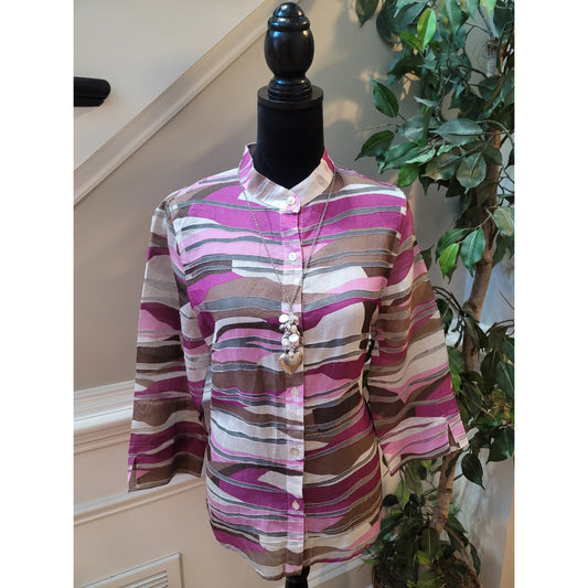 Alfred Dunner Shirt 10 Multi Denim Abstract Band Collar 3/4 Sleeve Button-Up