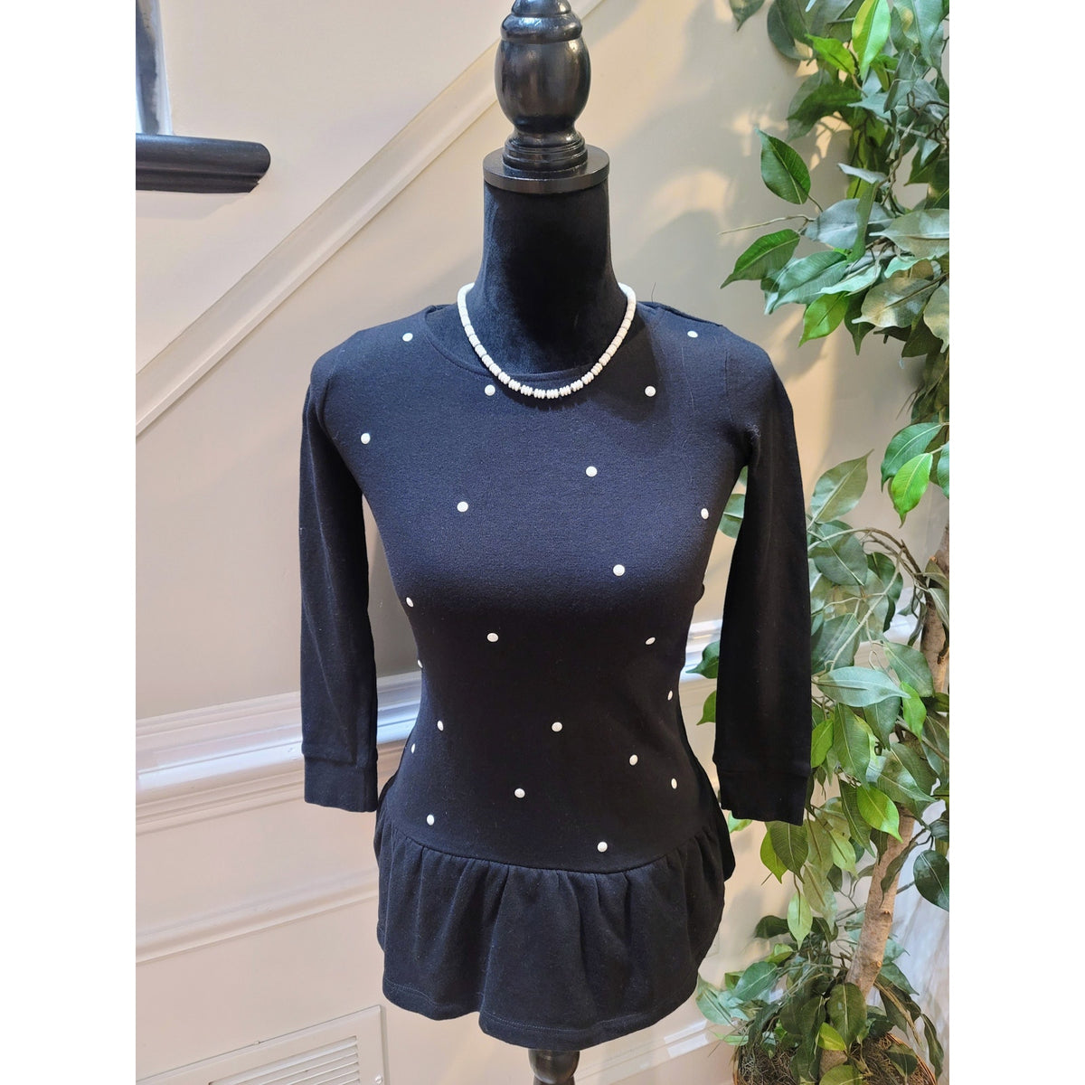 Epic Threads Pullover Sweater Women Small Black Polka Dot Pleated Hem 3/4 Sleeve
