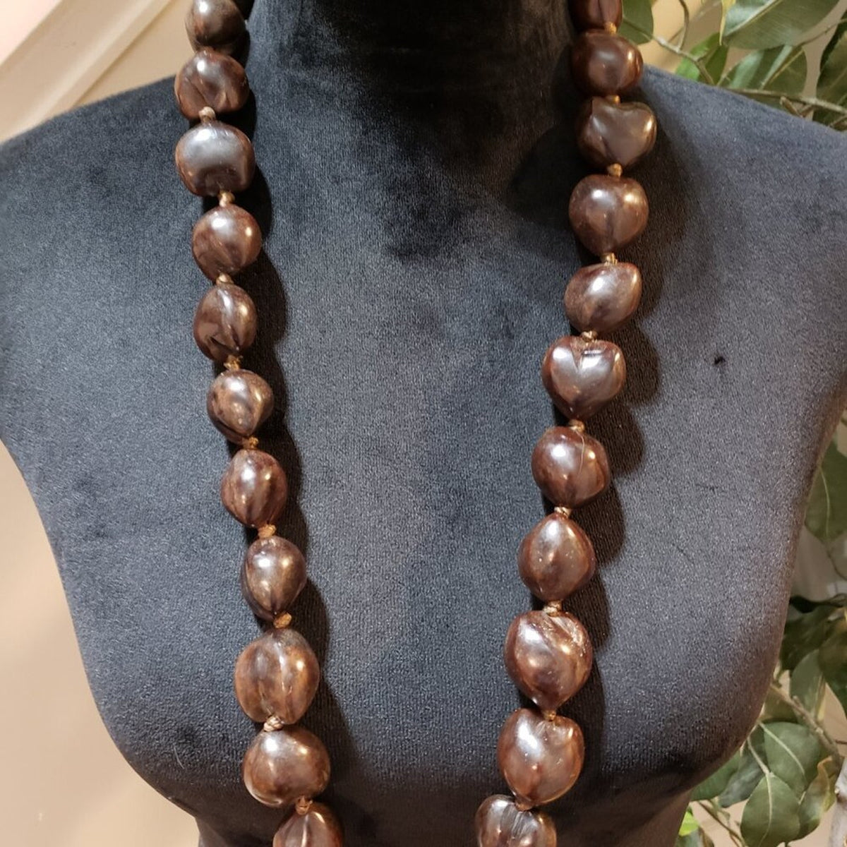 Women Fashion Brown Lumbang Kukui Nut Seed Collar Necklace with Lei Ribbon Clasp