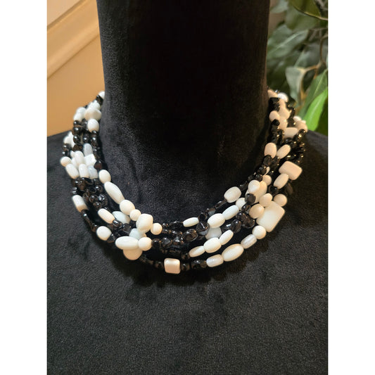 Women's Black White Beaded Multi Strand Necklace Chunky Statement Toggle Clasp