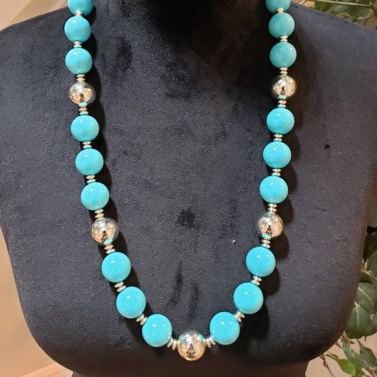 Womens Fashion Blue Round Gemstone Beads Collar Necklace with Spring Ring Clasp
