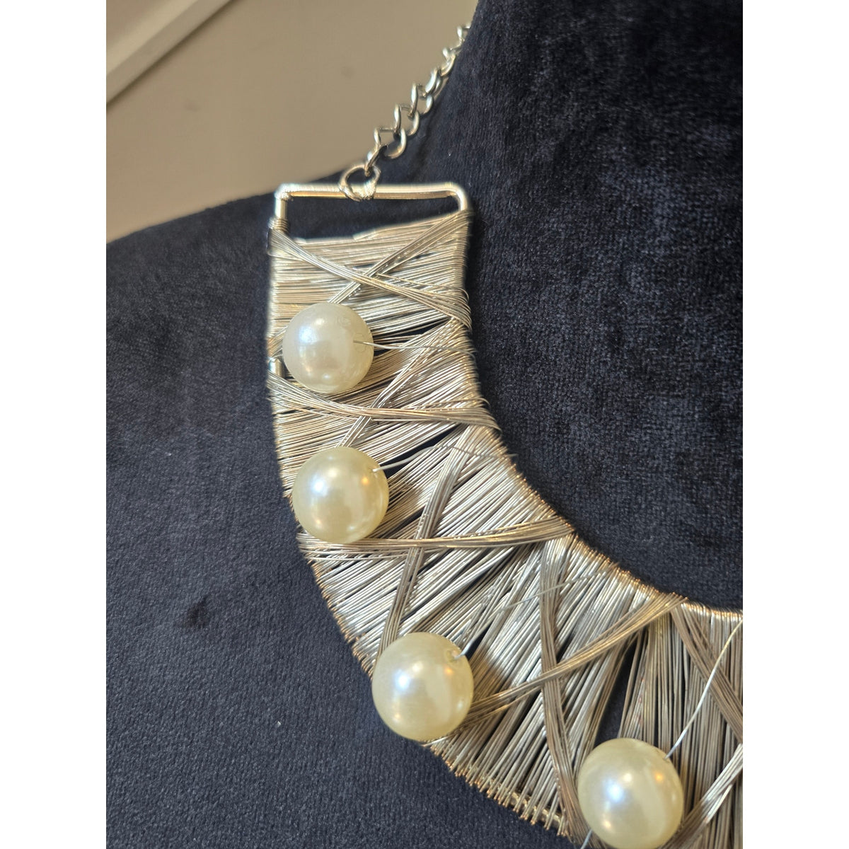 Silver Tone Woven Fan Bib Necklace with Faux Pearl Accents