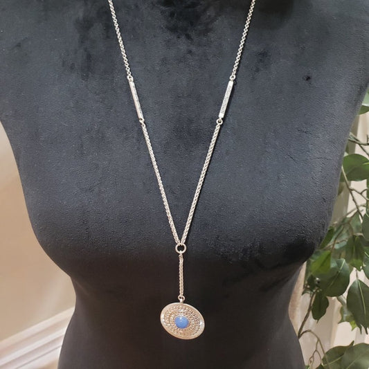 Womens Fashion Blue Glass Stone Semi Precious Silver Chain Pendant Necklace