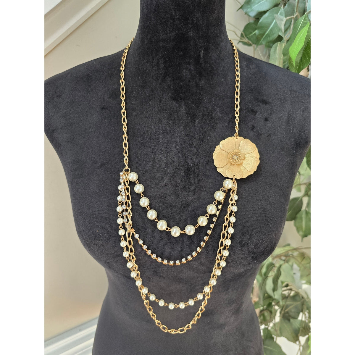 Lightweight Gold Tone Layered Chain Faux Pearl Flower Statement Necklace