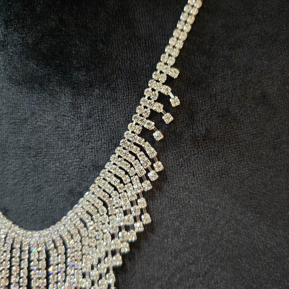 Women's Bling Silver Base Inlaid Rhinestone Drop Tassel Bib Statement Necklace