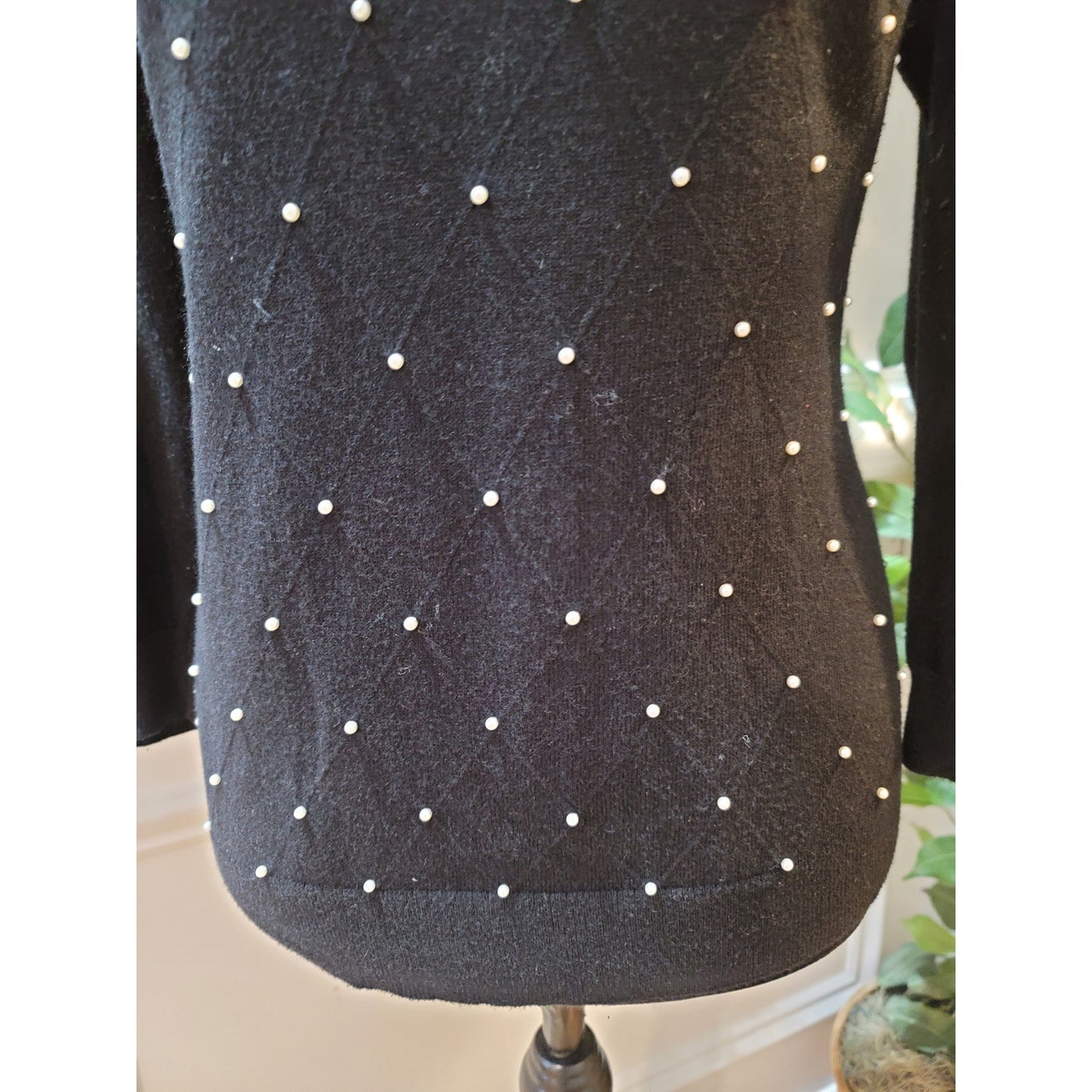 ELLE Sweater Women's Medium Black Pearl Embellished 34 Sleeve Pullover Knit