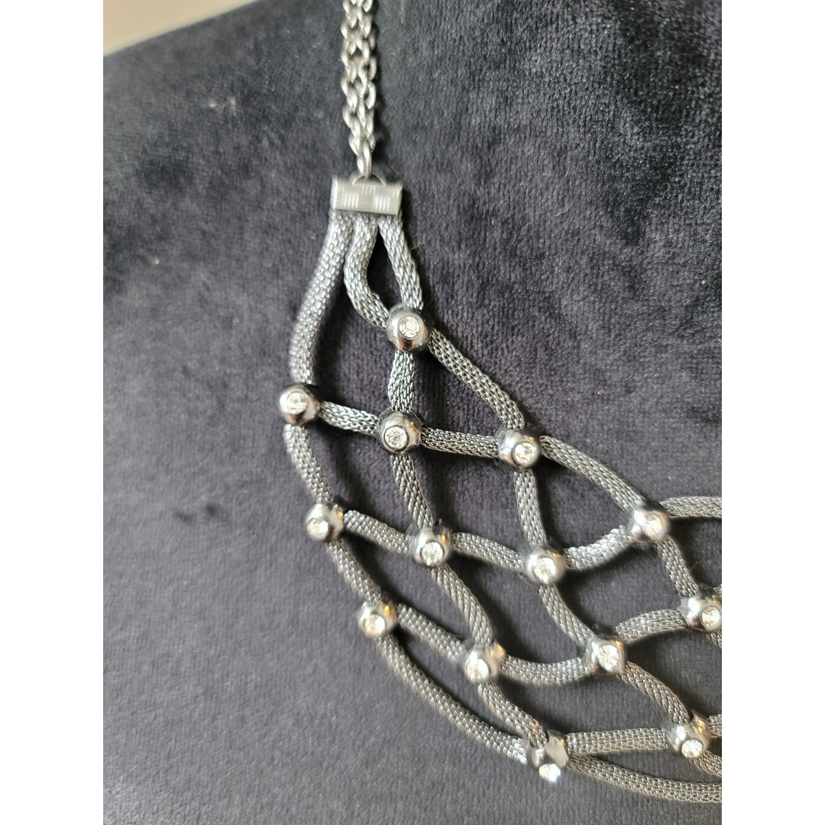 Serena Women's Silver Tone Mesh Net Bib Necklace With Rhinestone Accents
