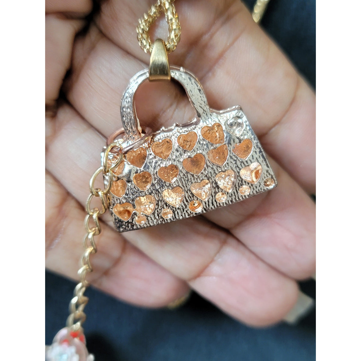 Women's Gold Chain Necklace with Red Handbag and Shoe Charm Pendant