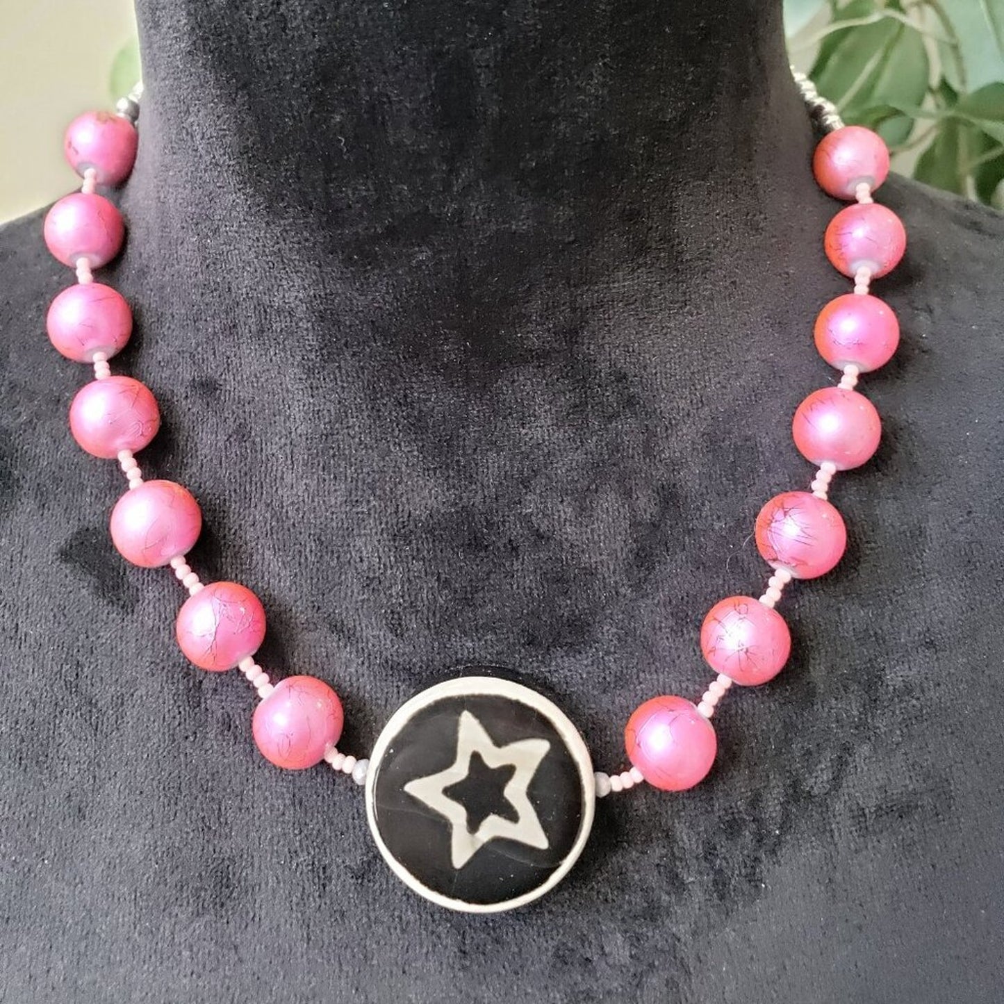 Womens Pink White Tagua Beaded Star Symble Pendant Necklace with Lobster Clasp