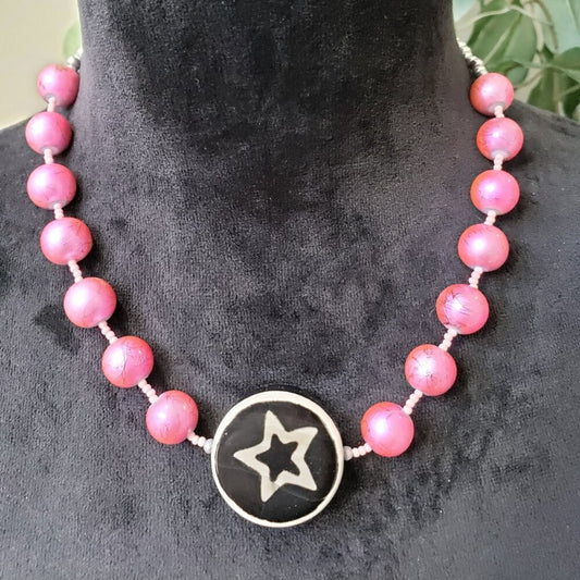 Womens Pink White Tagua Beaded Star Symble Pendant Necklace with Lobster Clasp