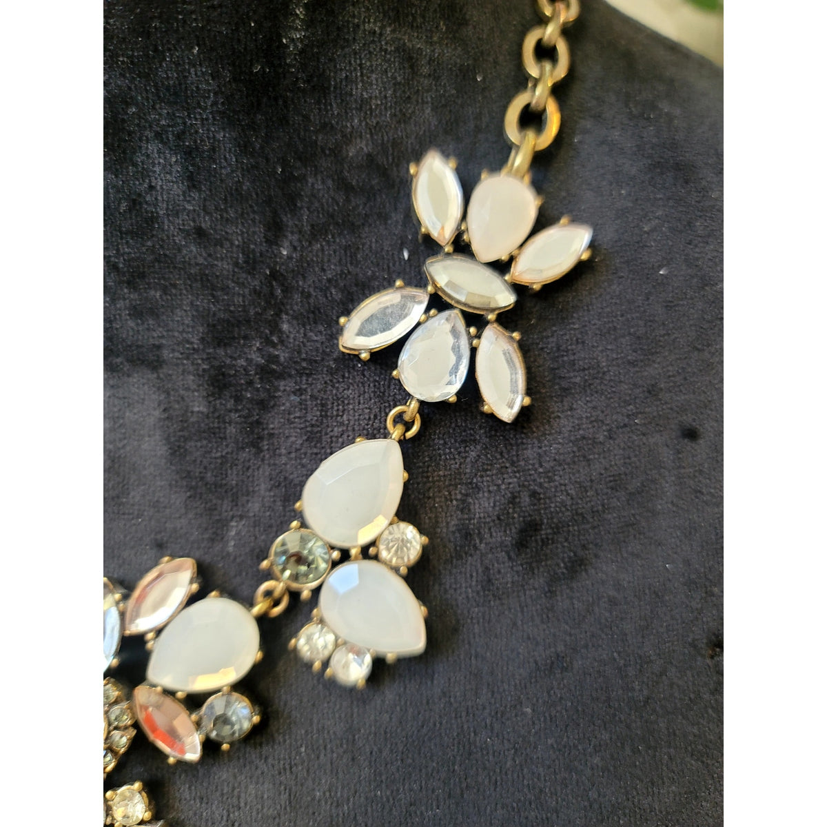 White Opal Crystal Floral Statement Necklace Gold Tone Rhinestone Bib Wedding