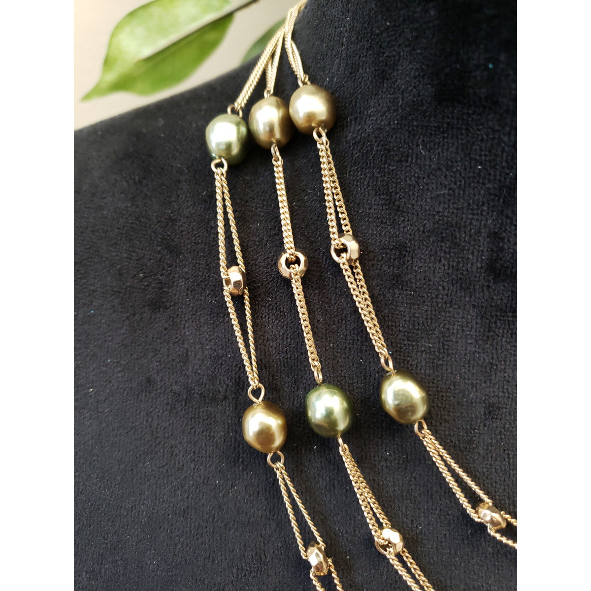 Womens Fashion Gold Tone Triple Strand Golden Blister Pearl Station Necklace