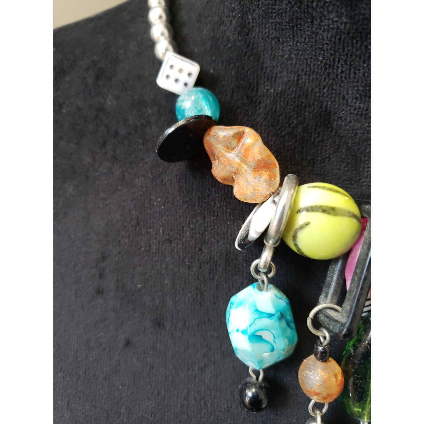 Bold Eclectic Charm Necklace Mixed Beads Dice Leaf Dangle Funky Design