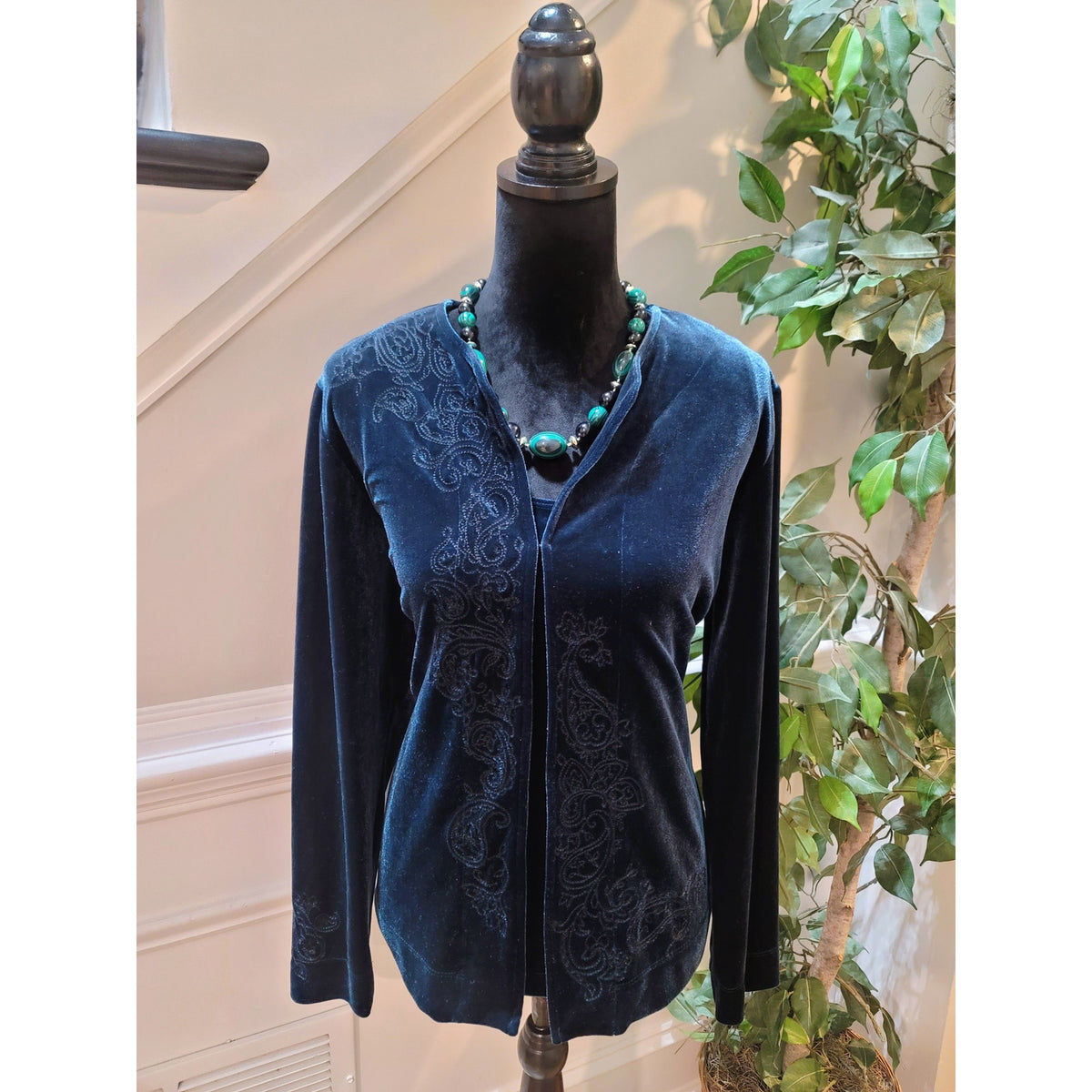 Chicos 2 Pc Cardigan Sweater Women SZ 2 Dark Blue Paisley Scoop Neck Long Sleeve