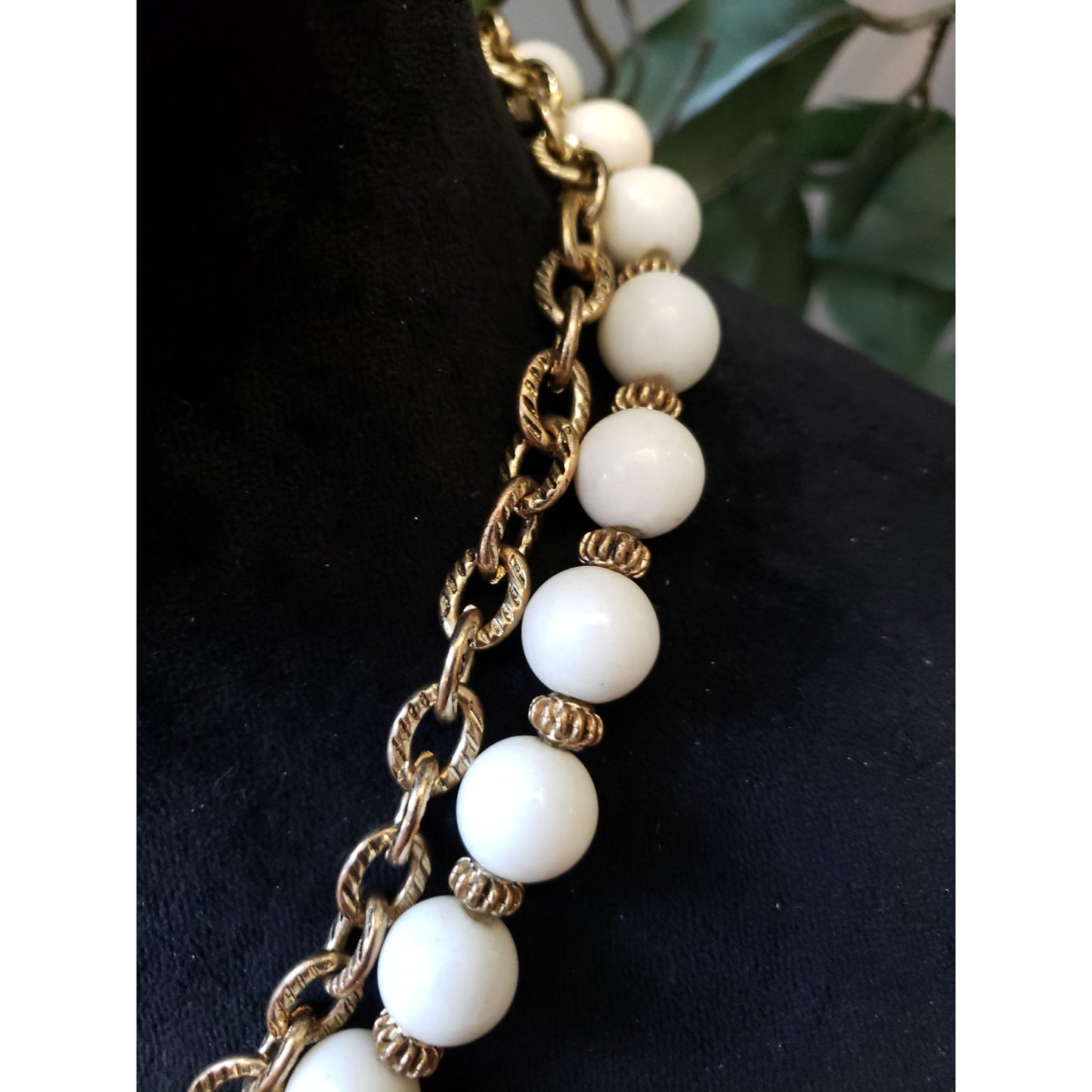 Women Elegant 2 Strand Gold Tone White Ball Beaded Ornate Spacers Chain Necklace