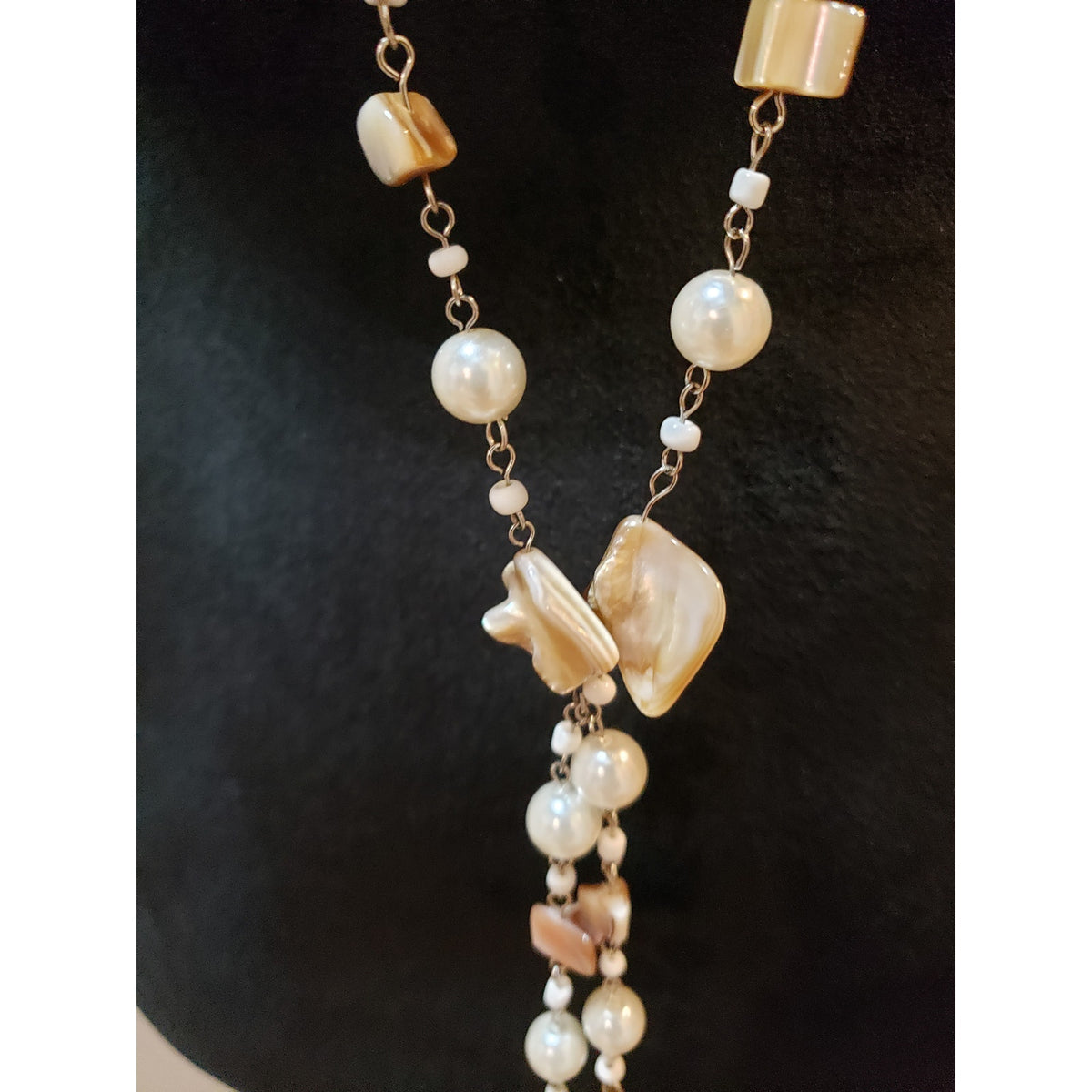 Womens Silver Oyster Shells Faux Pearl Blister Beads Long Necklace w/ Earrings