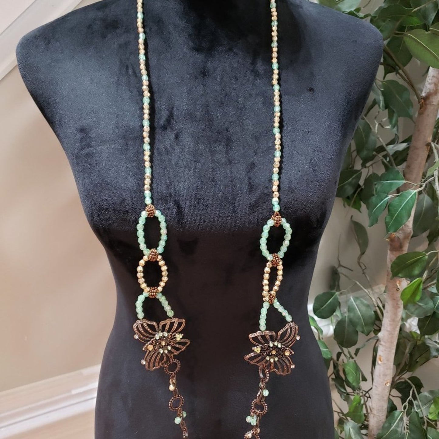 Womens Gold Tone & Blue Beaded Butterfly Statement Fashion Jewellery Necklace