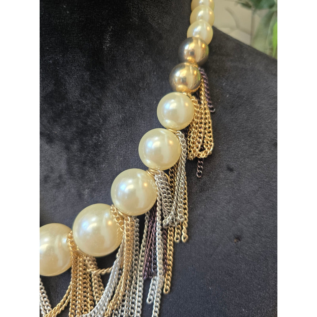 Cream Faux Pearls Beaded Multi-tone Tassel Chain Fringe Statement Necklace
