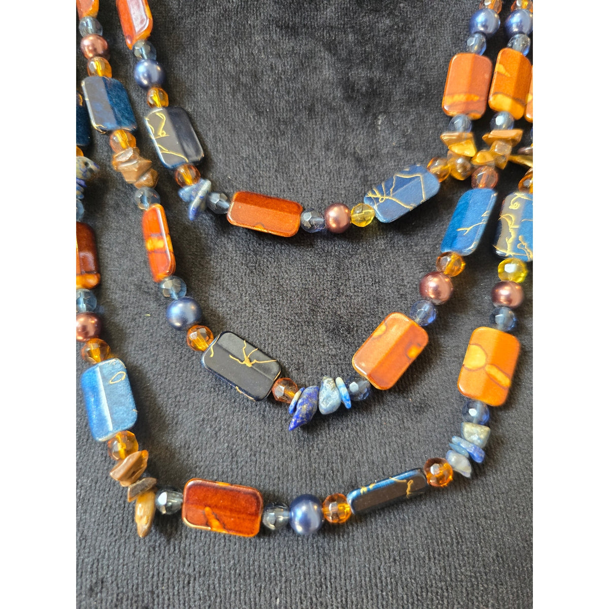 Blue Orange Multi Strand Beaded Statement Necklace