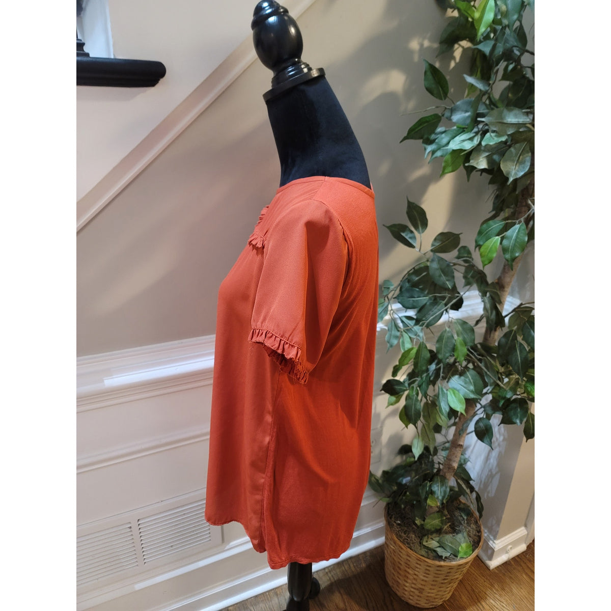 Loft Blouse Top Women's Medium Orange Gathered Ruffle Flutter Sleeve Boat Neck