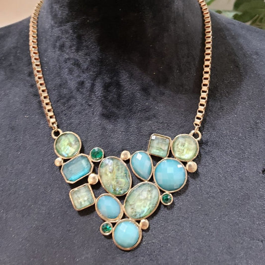 Women Fashion Multi Mother Stone Box Chain Statement Necklace with Lobster Clasp