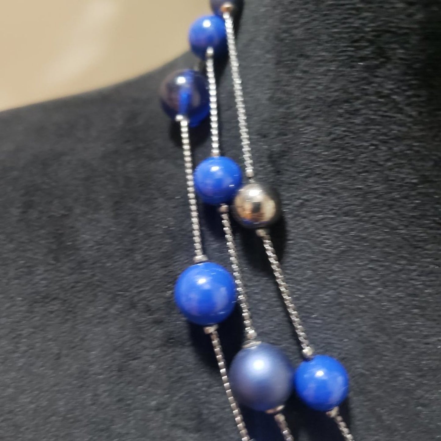 Women Triple Layered Blue and Silver Color Charm Beads Statement Choker Necklace