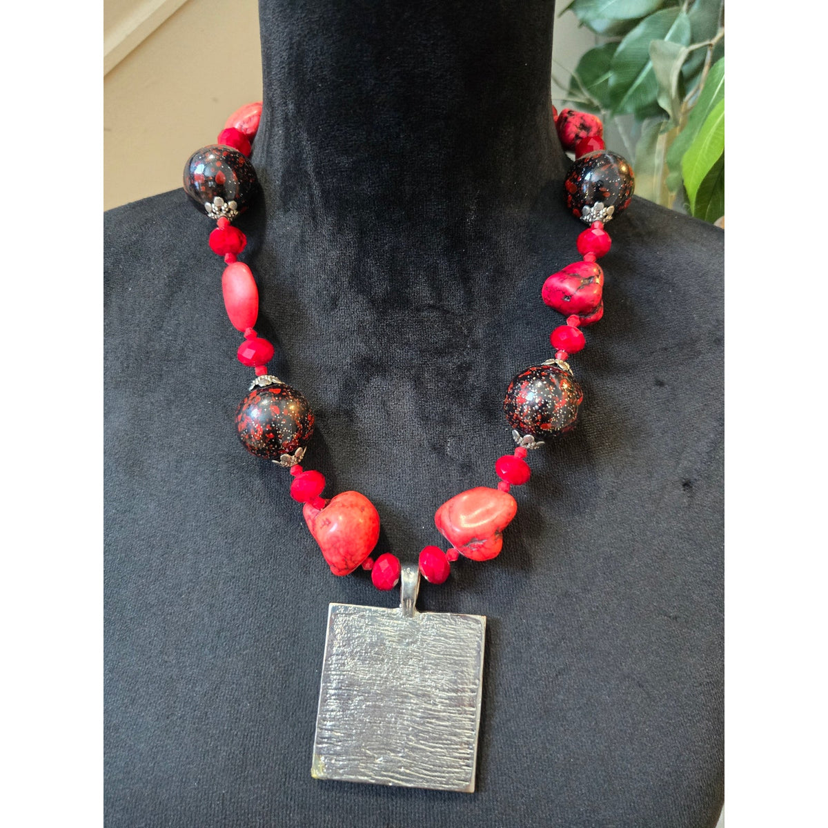 Women's Silver Tone Red Coral Gem Focal Beads Textured Square Pendant Necklace