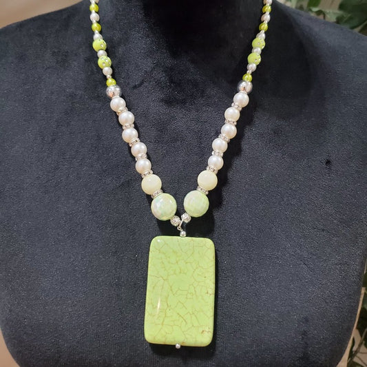 Womens Fashion White Pearl Turquoise Pendant Toggle Necklace with Lobster Clasp