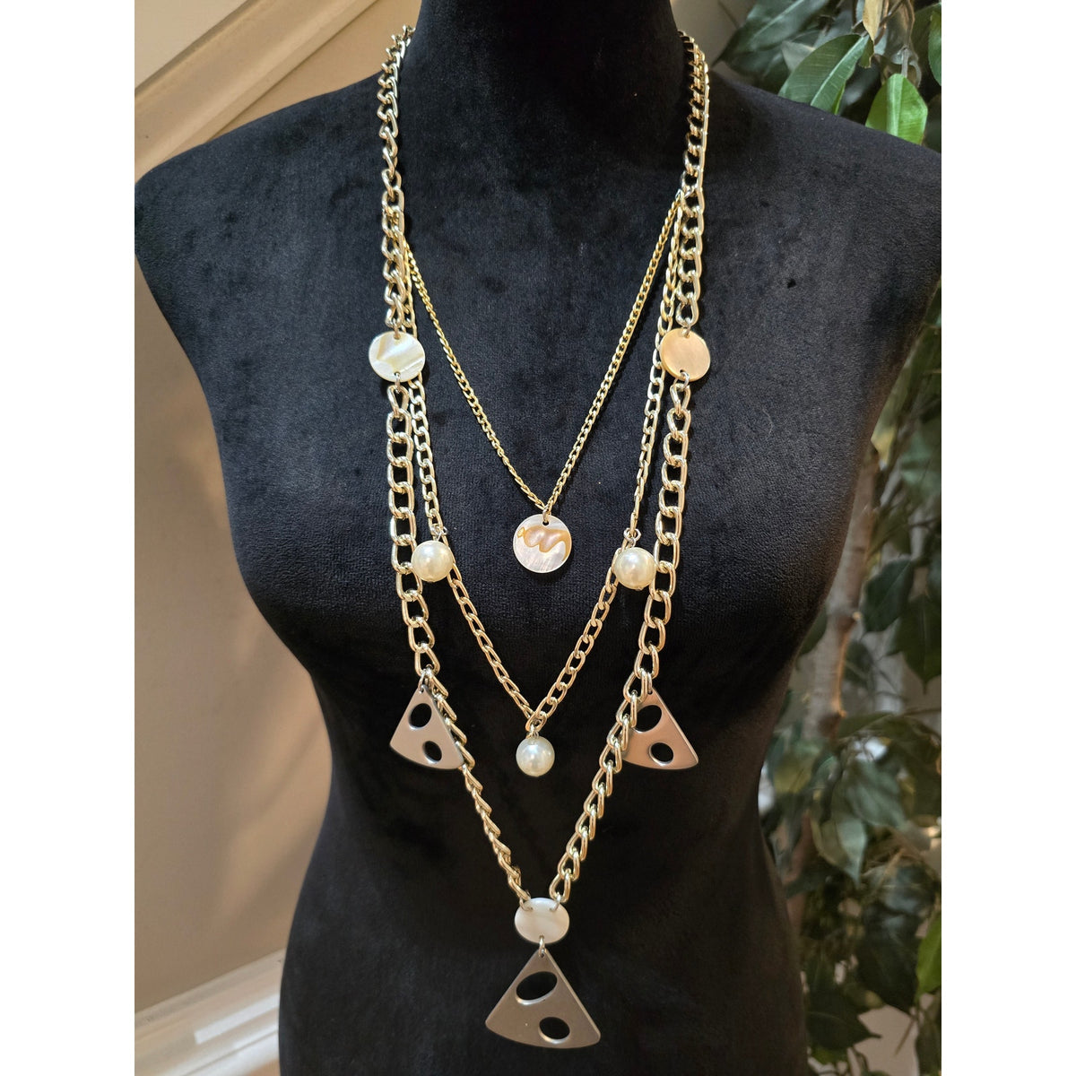 Women's Gold Tone Layered Chain Necklace Geometric Pendant Pearl Multi Strand