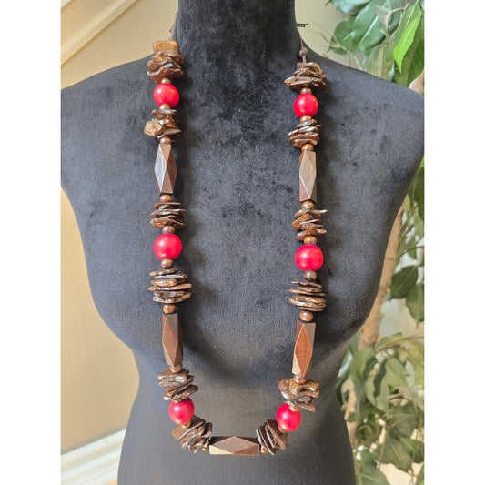 Red Brown Wood Beaded Long Boho Statement Necklace
