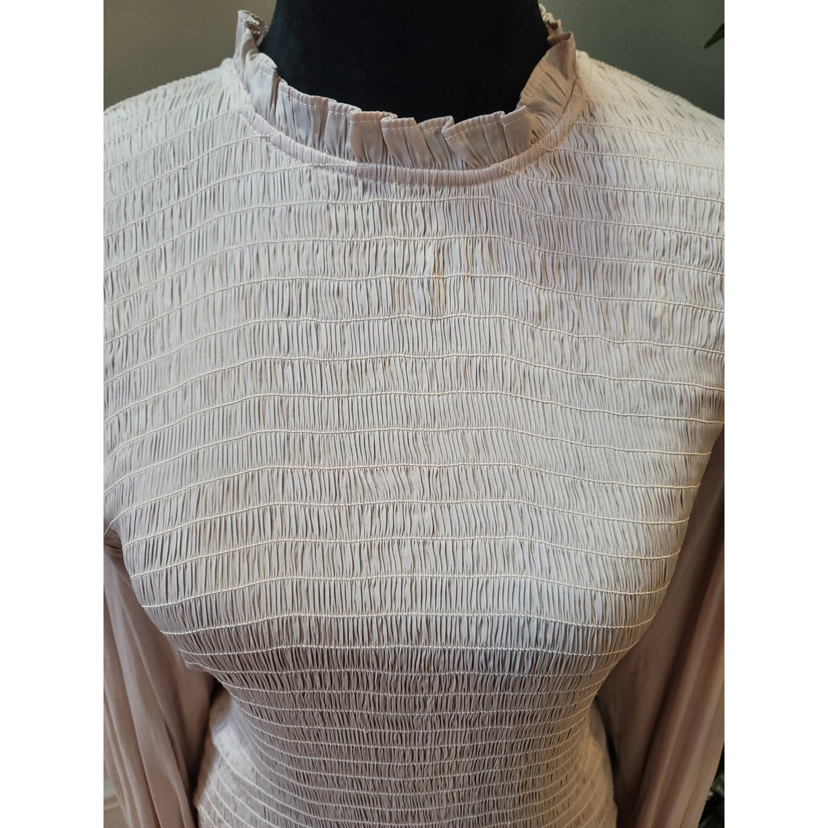 Do + Be Blouse XL Blush Pink Smocked Bodice Ruffle Neck Puff Sleeve Pullover