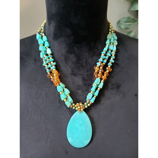 Women's Turquoise Beaded Pendant Necklace Multi Strand Lobster Clasp Boho Style